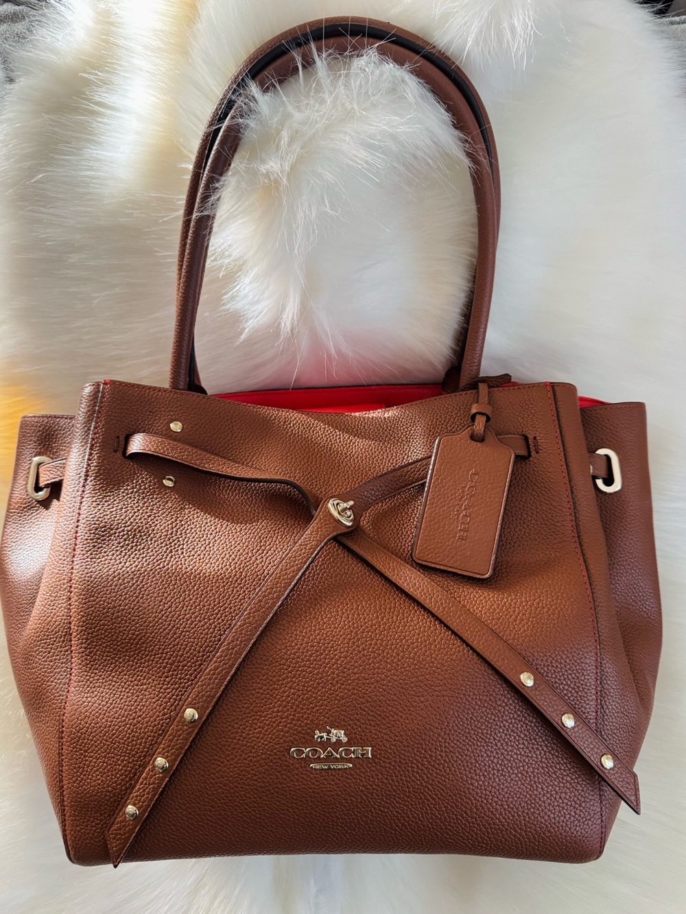 Coach Brown Pebbled Leather Tote with Red Interior